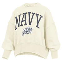 Women's Pressbox Natural Navy Midshipmen Oversized Waist-Length Crewneck Sweatshirt