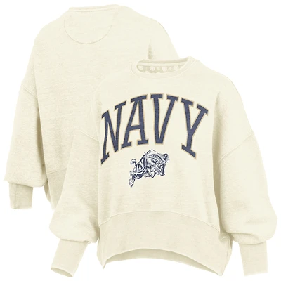 Women's Pressbox Natural Navy Midshipmen Oversized Waist-Length Crewneck Sweatshirt