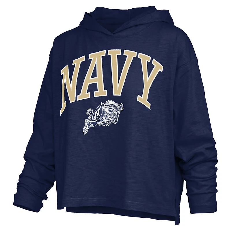 Women's Pressbox Navy Midshipmen Nelson Arch Over Logo Long Sleeve Hooded Slub T-Shirt