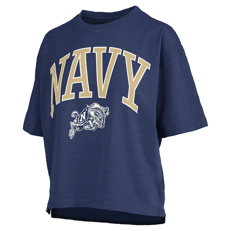 Women's Pressbox Navy Midshipmen Nelson Arch Over Logo Waist Length Oversized Slub T-Shirt