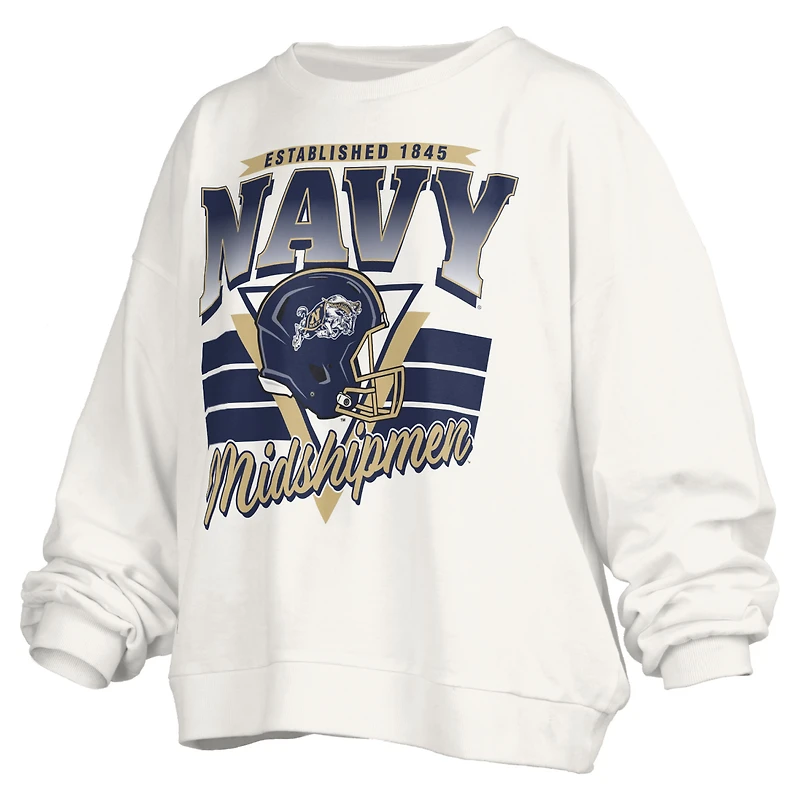 Women's Pressbox White Navy Midshipmen Oversized Janice Retro Waist-Length Pullover Sweatshirt