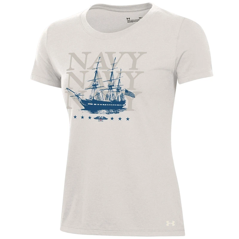 T-shirt Under Armour Stone Navy Midshipmen pour femme, collection Sideline, 250e anniversaire de l'uniforme.