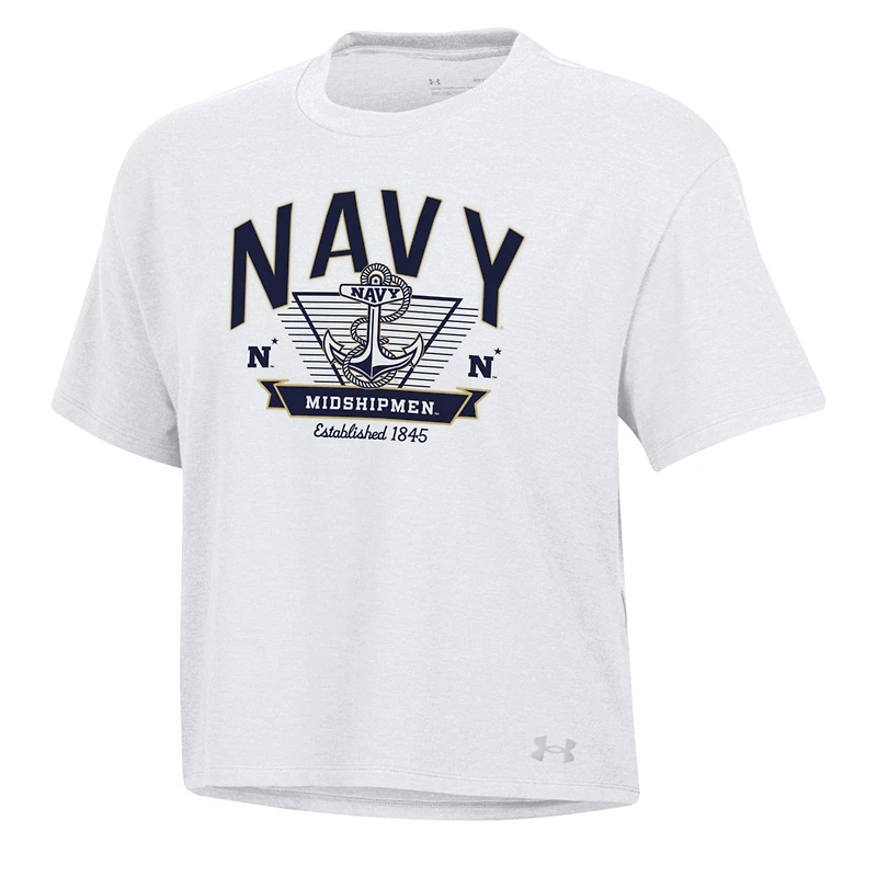 Women's Under Armour White Navy Midshipmen Essentials Icon Ultra-Soft Tri-Blend Boxy Cropped T-Shirt