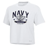 Women's Under Armour White Navy Midshipmen Essentials Icon Ultra-Soft Tri-Blend Boxy Cropped T-Shirt