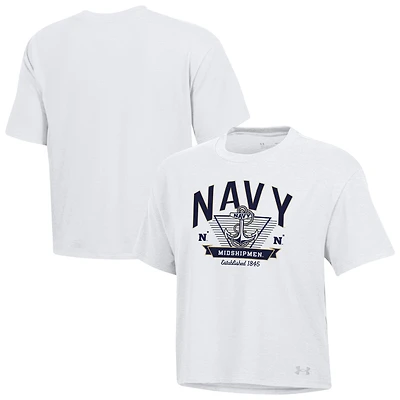 Women's Under Armour White Navy Midshipmen Essentials Icon Ultra-Soft Tri-Blend Boxy Cropped T-Shirt