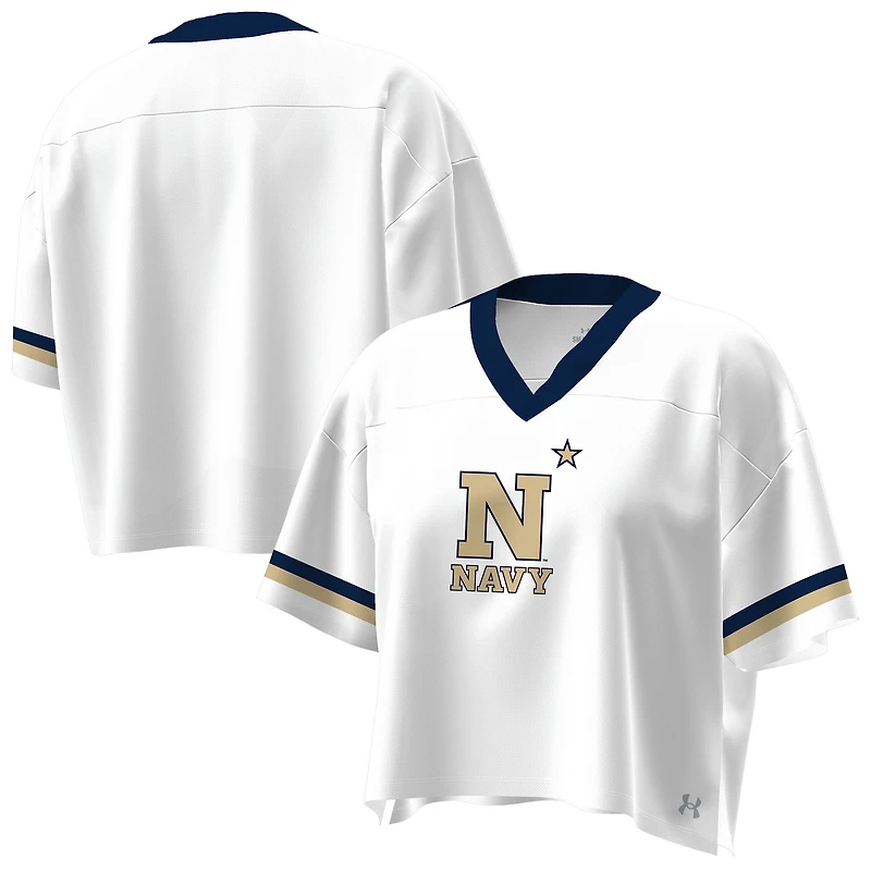 T-shirt court à col en V et coupe carrée pour femme Under Armour Midshipmen blanc bleu marine