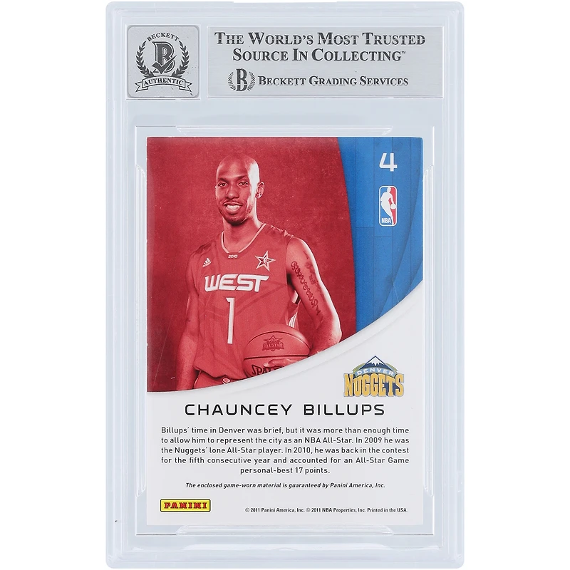 Carte autographiée Chauncey Billups NBA All-Star 11 Panini Season Update All-Stars Material Jersey Relic #4, authentifiée par Beckett Fanatics Witnessed (n° 10).