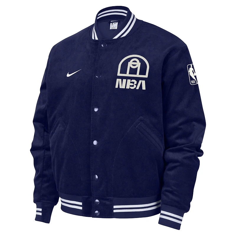 Men's Nike Blue NBA All World Hoops Team 31 Trend Corduroy Full-Snap Bomber Jacket