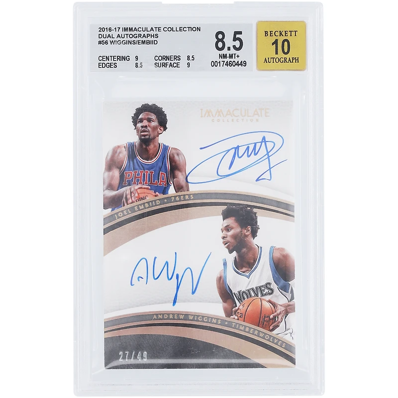Joel Embiid & Andrew Wiggins Autographed 2016-17 Panini Immaculate Collection Dual #56 #27/49 BGS Authenticated 8.5/10 Card - 9,8.5,8.5,9 Subgrades