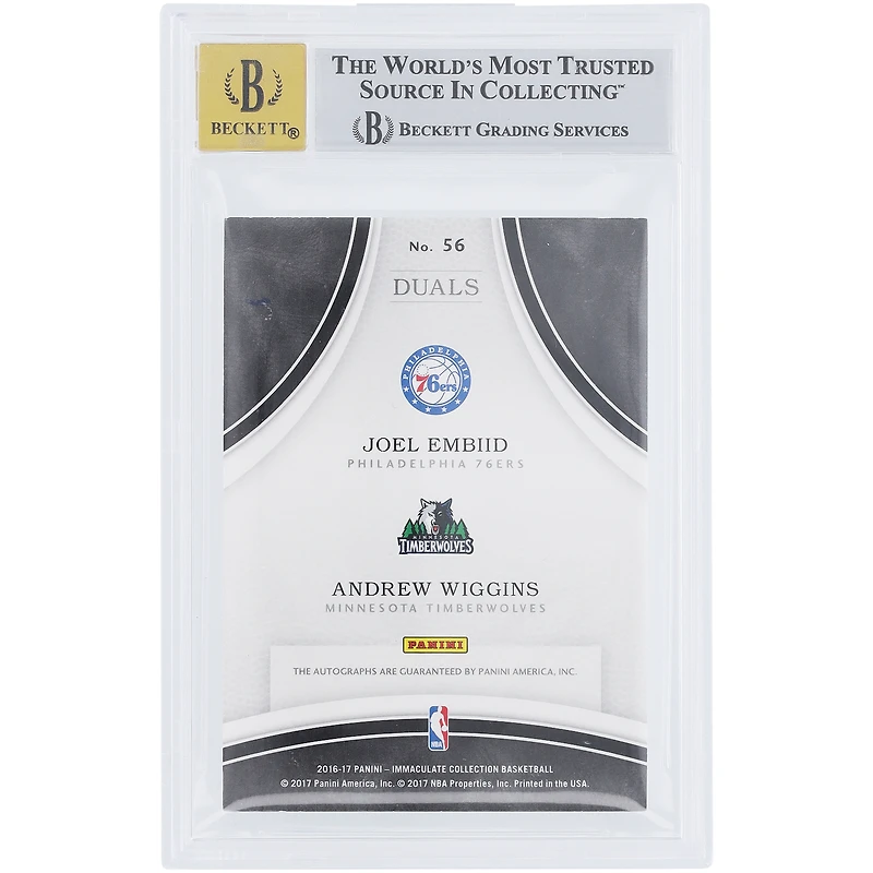 Carte Panini Immaculate Collection Dual #56 #27/49 BGS authentifiée 8,5/10 2016-17 dédicacée par Joel Embiid et Andrew Wiggins - Sous-catégories 9, 8,5, 8,5, 9