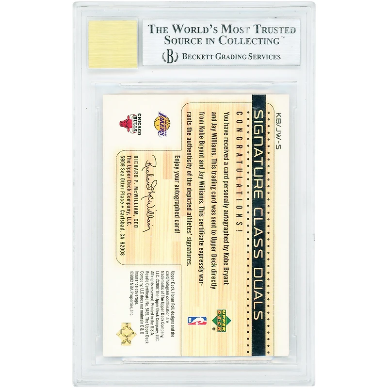 Kobe Bryant & Jay Williams Autographed 2002-03 Upper Deck Honor Roll Wood Signature Class Duals #KB/JW-S #17/25 BGS Authenticated 9/9 Card - 9.5,8.5,9.5,9.5 Subgrades