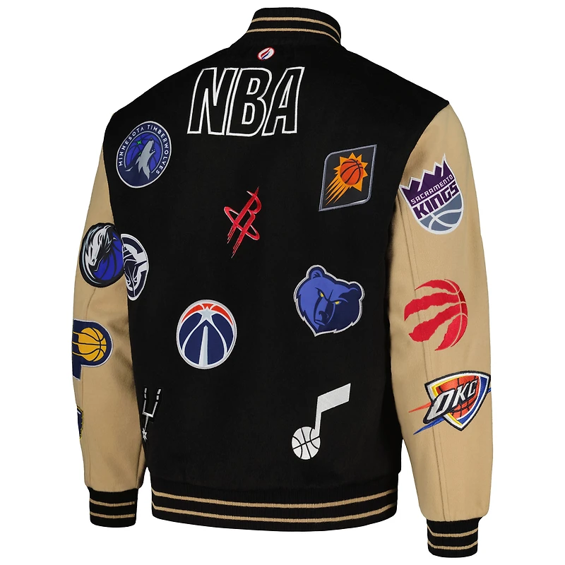 Men's FISLL Black/Khaki NBA All Logo Aviator Wool Varsity Jacket