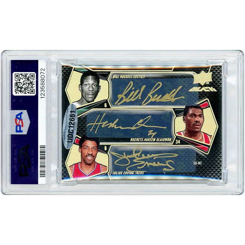 Michael Jordan, Walt Frazier, George Gervin, Bill Russell, Hakeem Olajuwon & Julius Erving Autographed 2008-09 Upper Deck Black Six Player Autograph Gold Ink