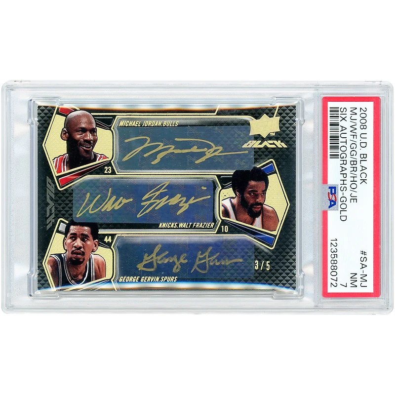 Cartes autographiées par Michael Jordan, Walt Frazier, George Gervin, Bill Russell, Hakeem Olajuwon et Julius Erving (édition 2008-2009, Upper Deck Black Six). Signature à l'encre dorée.