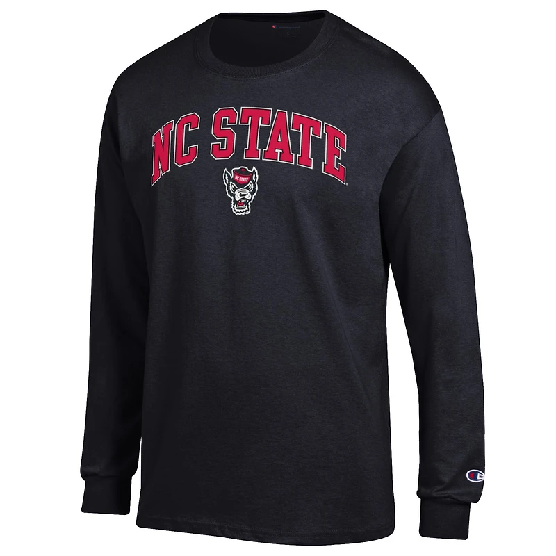 T-shirt à manches longues noir Champion NC State Wolfpack pour homme avec logo Arch Over