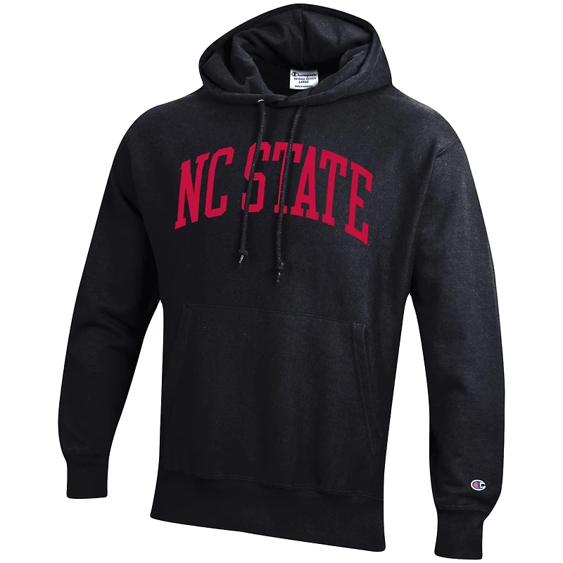 Men's Champion Black NC State Wolfpack Team Arch Reverse Weave Relaxed Fit Pullover Hoodie
