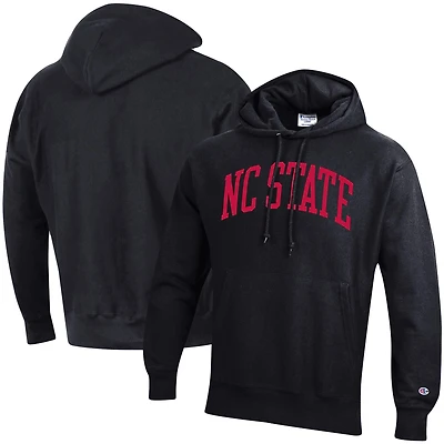 Men's Champion Black NC State Wolfpack Team Arch Reverse Weave Relaxed Fit Pullover Hoodie