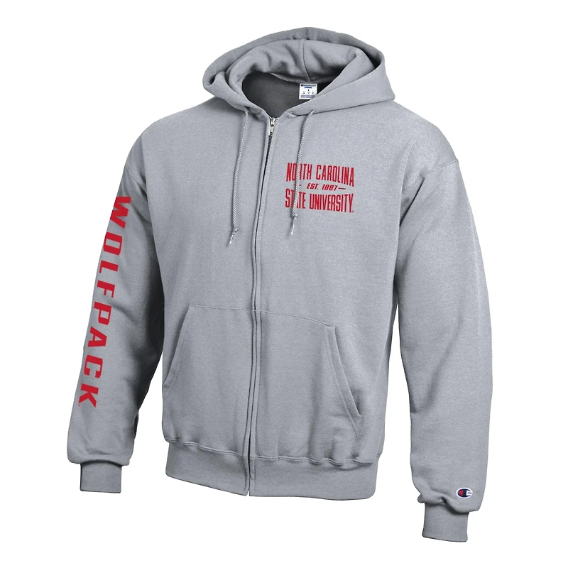 Sweat à capuche zippé en polaire Champion gris NC State Wolfpack Varsity Powerblend pour homme
