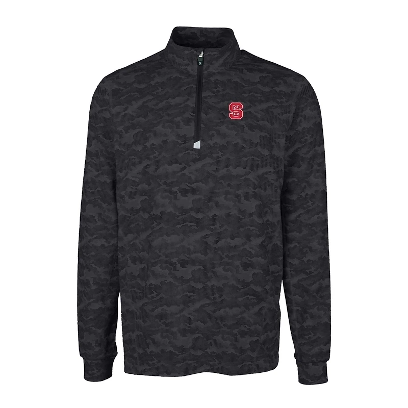 Men's Cutter & Buck Black NC State Wolfpack Traverse Camo Print Stretch Quarter-Zip Pullover Top