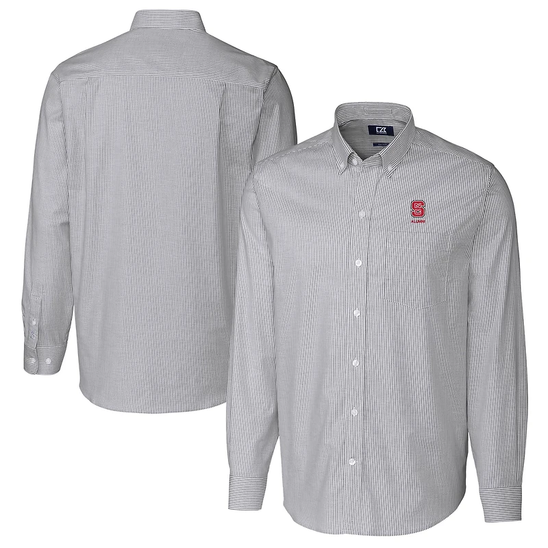 Chemise boutonnée à manches longues et rayures Oxford extensibles pour homme, couleur anthracite, avec logo des anciens élèves NC State Wolfpack.