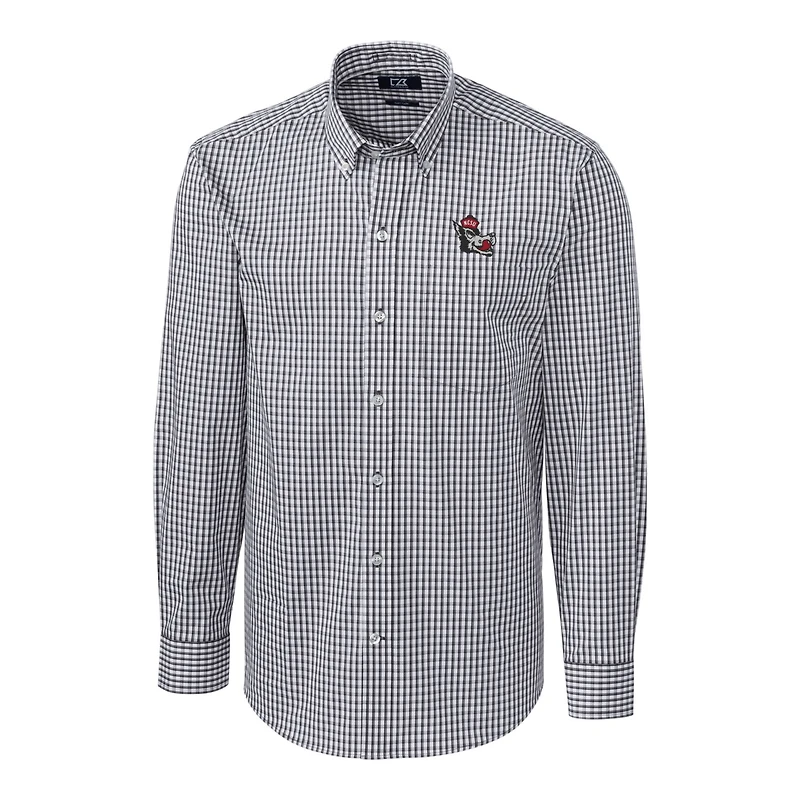 Chemise boutonnée à manches longues pour homme Cutter & Buck, couleur anthracite, NC State Wolfpack, facile d'entretien, extensible, vichy, grande taille