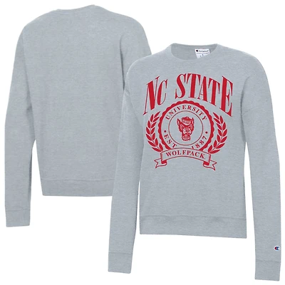 Sweat-shirt à col rond Champion pour femme, gris chiné, écusson académique NC State Wolfpack, Powerblend
