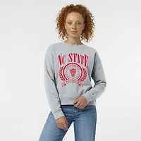 Sweat-shirt à col rond Champion pour femme, gris chiné, écusson académique NC State Wolfpack, Powerblend