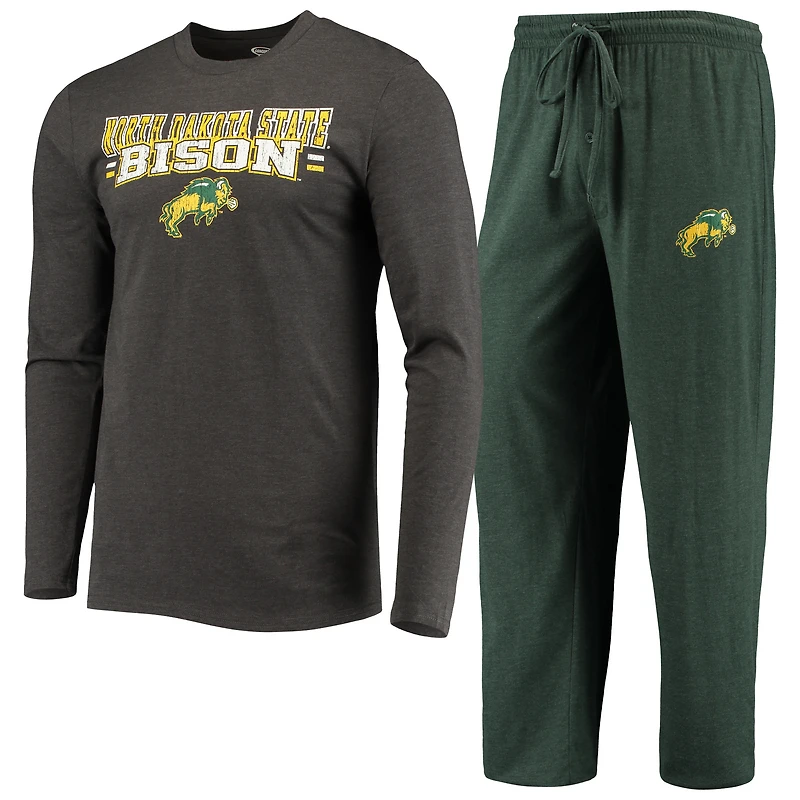 Ensemble de nuit pour homme Concepts Sport Green/Heathered Charcoal NDSU Bison Meter, haut à manches longues et pantalon