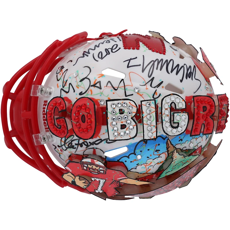 Casque Riddell Speed ​​Mini autographié par Eric Crouch des Nebraska Huskers avec inscription « 2001 Heisman » - Illustration de Charles Fazzino - XP14013019