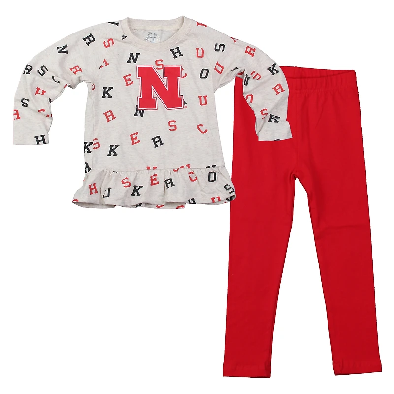 Girls Infant Wes & Willy Oatmeal Nebraska Huskers Ruffle Raglan Long Sleeve T-Shirt Leggings Set