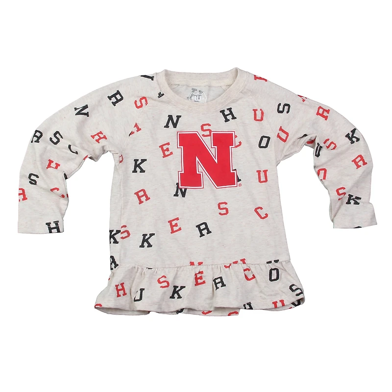 Girls Infant Wes & Willy Oatmeal Nebraska Huskers Ruffle Raglan Long Sleeve T-Shirt Leggings Set