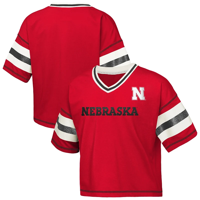 Girls Youth Outerstuff Scarlet Nebraska Huskers Gridiron Jersey V-Neck T-Shirt
