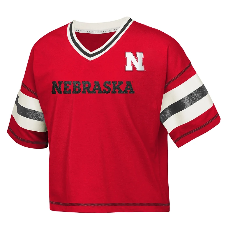 Girls Youth Outerstuff Scarlet Nebraska Huskers Gridiron Jersey V-Neck T-Shirt