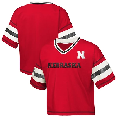 Girls Youth Outerstuff Scarlet Nebraska Huskers Gridiron Jersey V-Neck T-Shirt