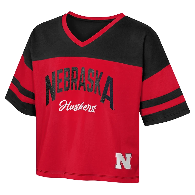 T-shirt en jersey à col V et rayures manches longues pour filles Outerstuff Red Nebraska Huskers The Playmaker
