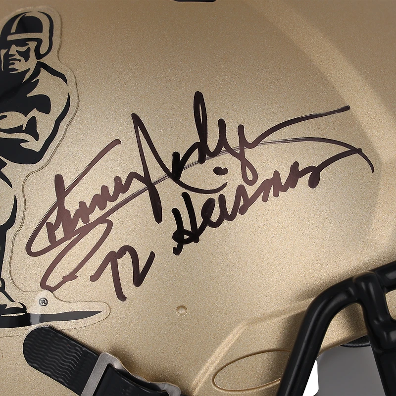 Casque authentique autographié par Johnny Rodgers des Nebraska Huskers 2023 Gold Riddell Heisman avec inscription « 72 Heisman »