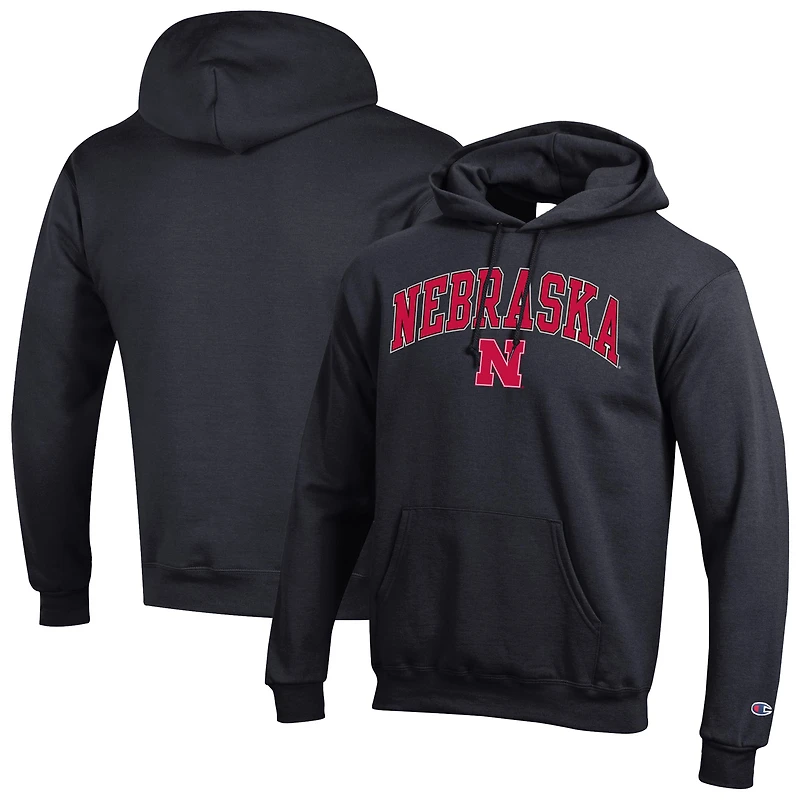 Sweat à capuche noir Champion Nebraska Huskers Arch Over Logo pour homme
