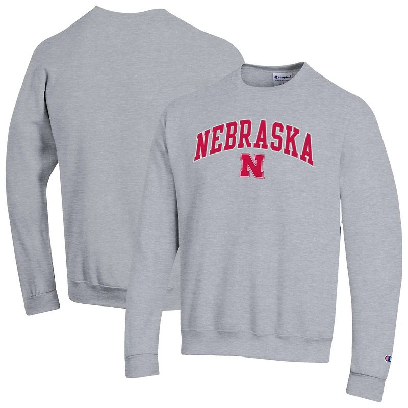 Men's Champion Heather Gray Nebraska Huskers Arch Over Logo Pullover Sweatshirt