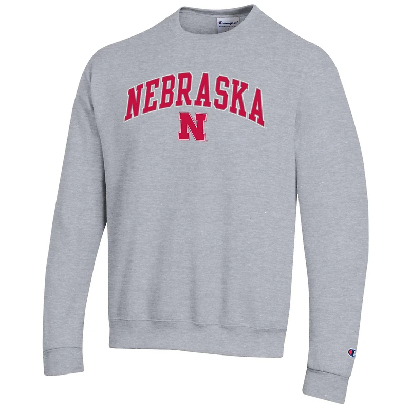 Men's Champion Heather Gray Nebraska Huskers Arch Over Logo Pullover Sweatshirt