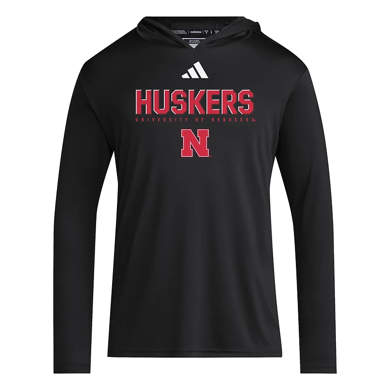 T-shirt à capuche et manches longues adidas Nebraska Huskers 2025 AEROREADY Sideline Training pour homme, noir