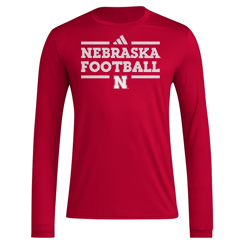 T-shirt à manches longues adidas Nebraska Huskers Locker Football Pre-Game AEROREADY pour homme rouge