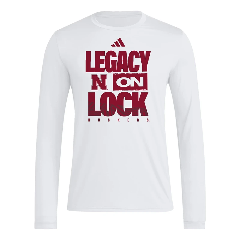 T-shirt à manches longues adidas blanc Nebraska Huskers Legacy On Lock pour avant-match