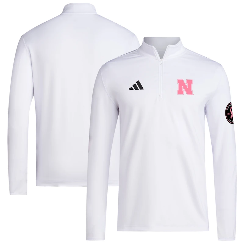 Pull adidas blanc Nebraska Huskers Wear Pink à fermeture éclair quart de tour pour homme