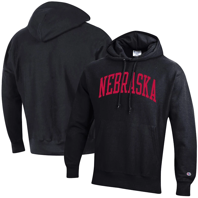 Sweat à capuche Champion noir pour homme, modèle Nebraska Huskers Team Arch Reverse Weave, coupe décontractée