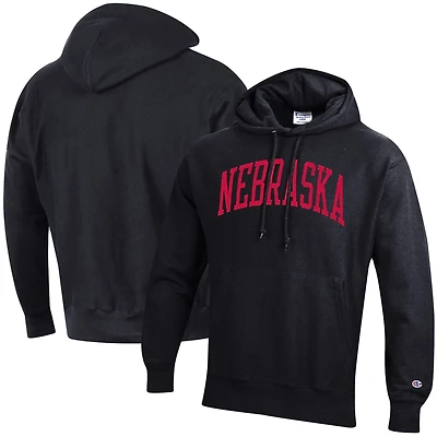 Sweat à capuche Champion noir pour homme, modèle Nebraska Huskers Team Arch Reverse Weave, coupe décontractée