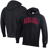 Sweat à capuche Champion noir pour homme, modèle Nebraska Huskers Team Arch Reverse Weave, coupe décontractée