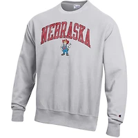 Men's Champion Gray Nebraska Huskers Distressed Arch Over Logo Reverse Weave Crew Neck Sweatshirt