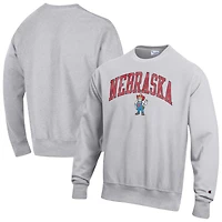 Men's Champion Gray Nebraska Huskers Distressed Arch Over Logo Reverse Weave Crew Neck Sweatshirt