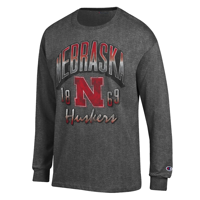Men's Champion  Heather Charcoal Nebraska Huskers Bold Long-Sleeve T-Shirt