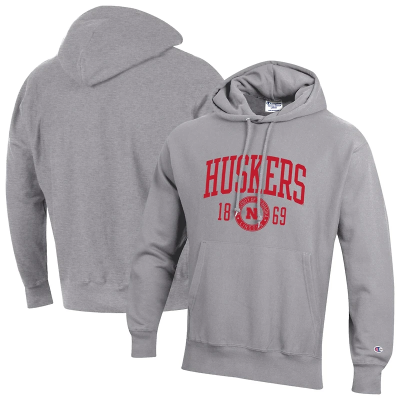 Sweat à capuche Champion pour homme, gris chiné, Nebraska Huskers, modèle Established Reverse Weave